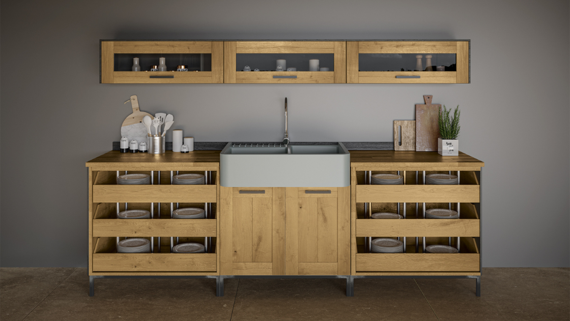 Massivholzküche in Wildeiche mit halboffenen Schubladen und großer sichtbarer Spüle