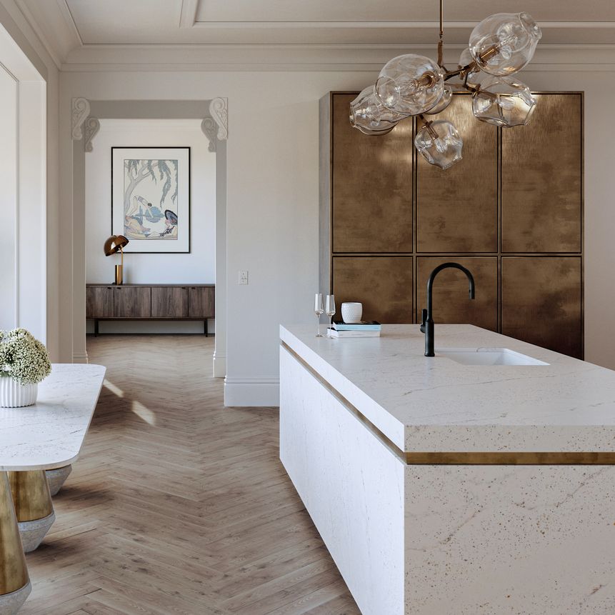 Cosentino Silestone Küche in weiß mit goldenen Elementen