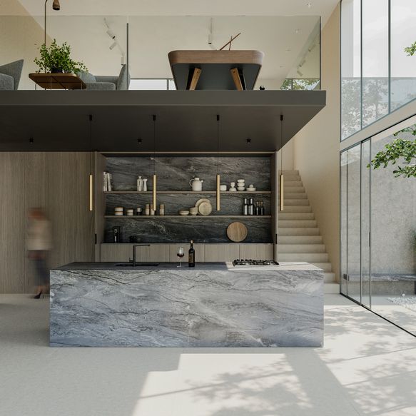 Offene Wohnküche mit großer Insel aus Naturstein 