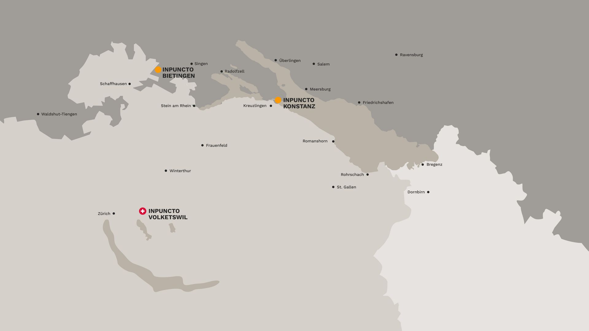Karte vom Vierländereck Bodensee mit den drei Standorten von inpuncto: Bietingen, Konstanz, Volketswil