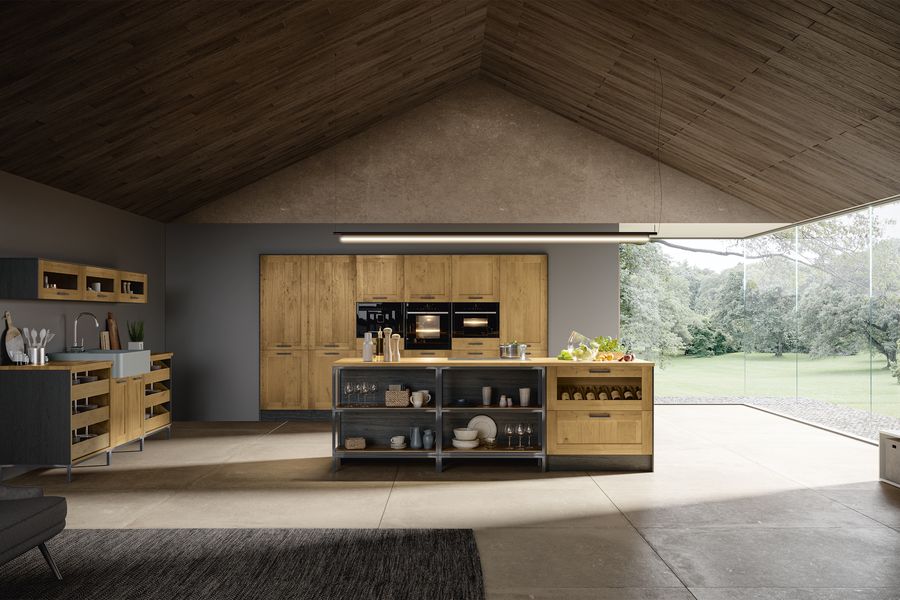 Moderne Holzküche in Wildeiche mit offenen Regalen und Elementen aus Rohrstahl