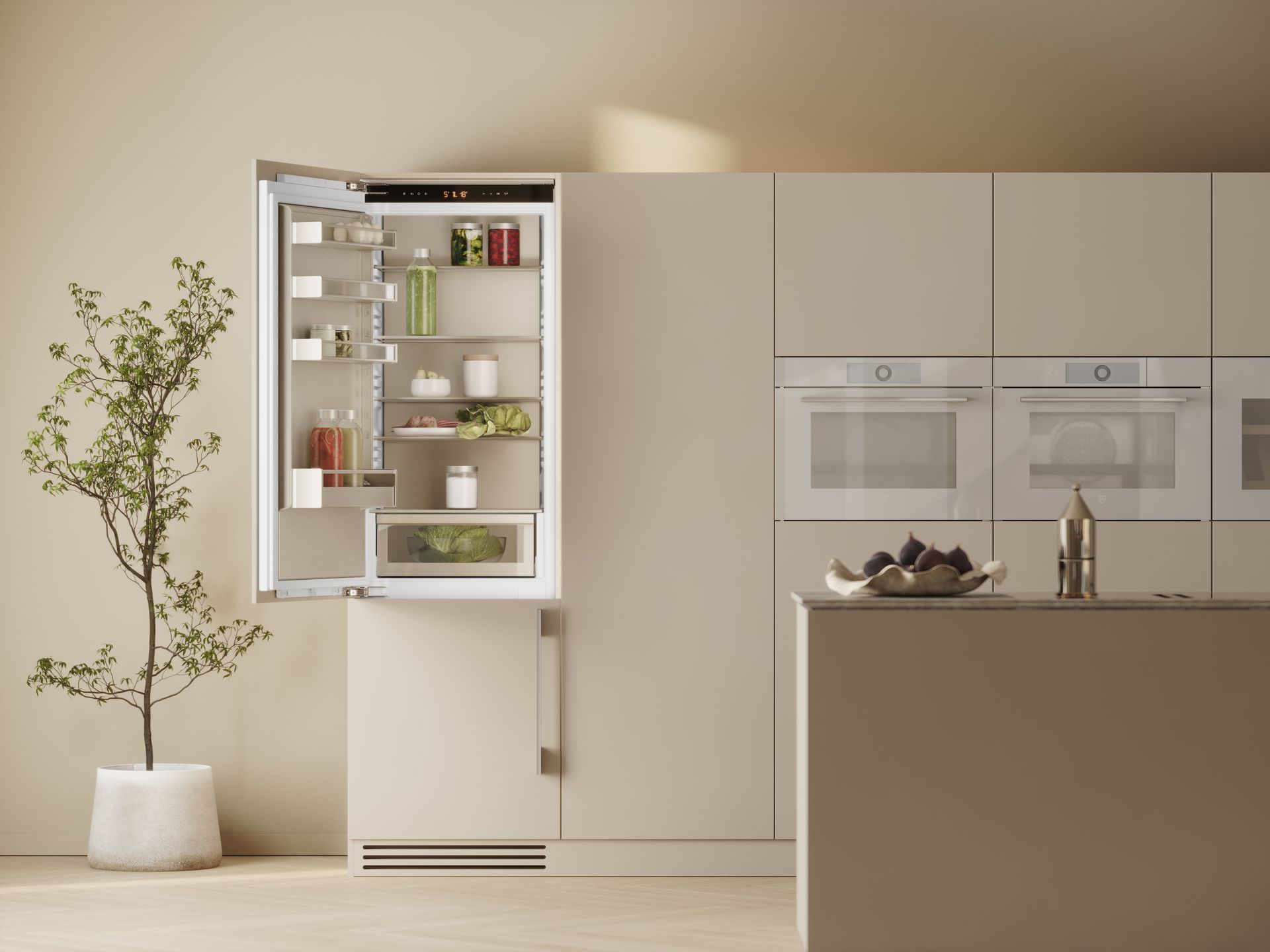 Küche in beige mit V-Zug Kühlschrank und Backöfen