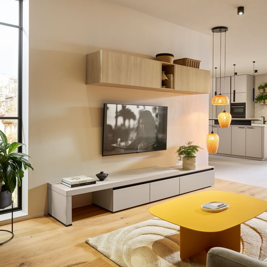 Küche und Wohnzimmer Schüller hell beige eiche