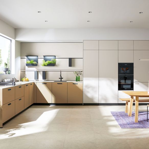 Helle offene Küche in L-Form in Pastell-Farben