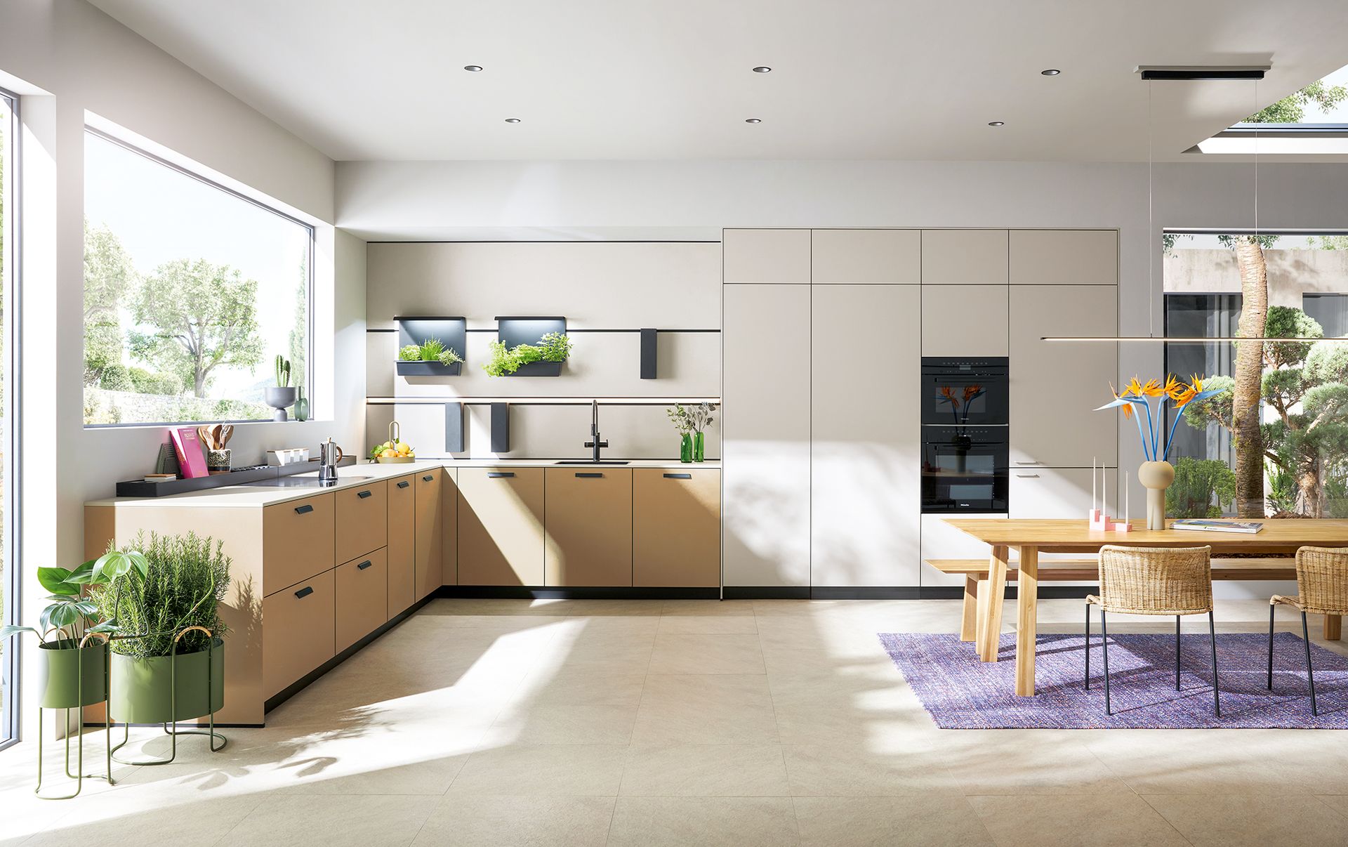 Helle offene Küche in L-Form in Pastell-Farben