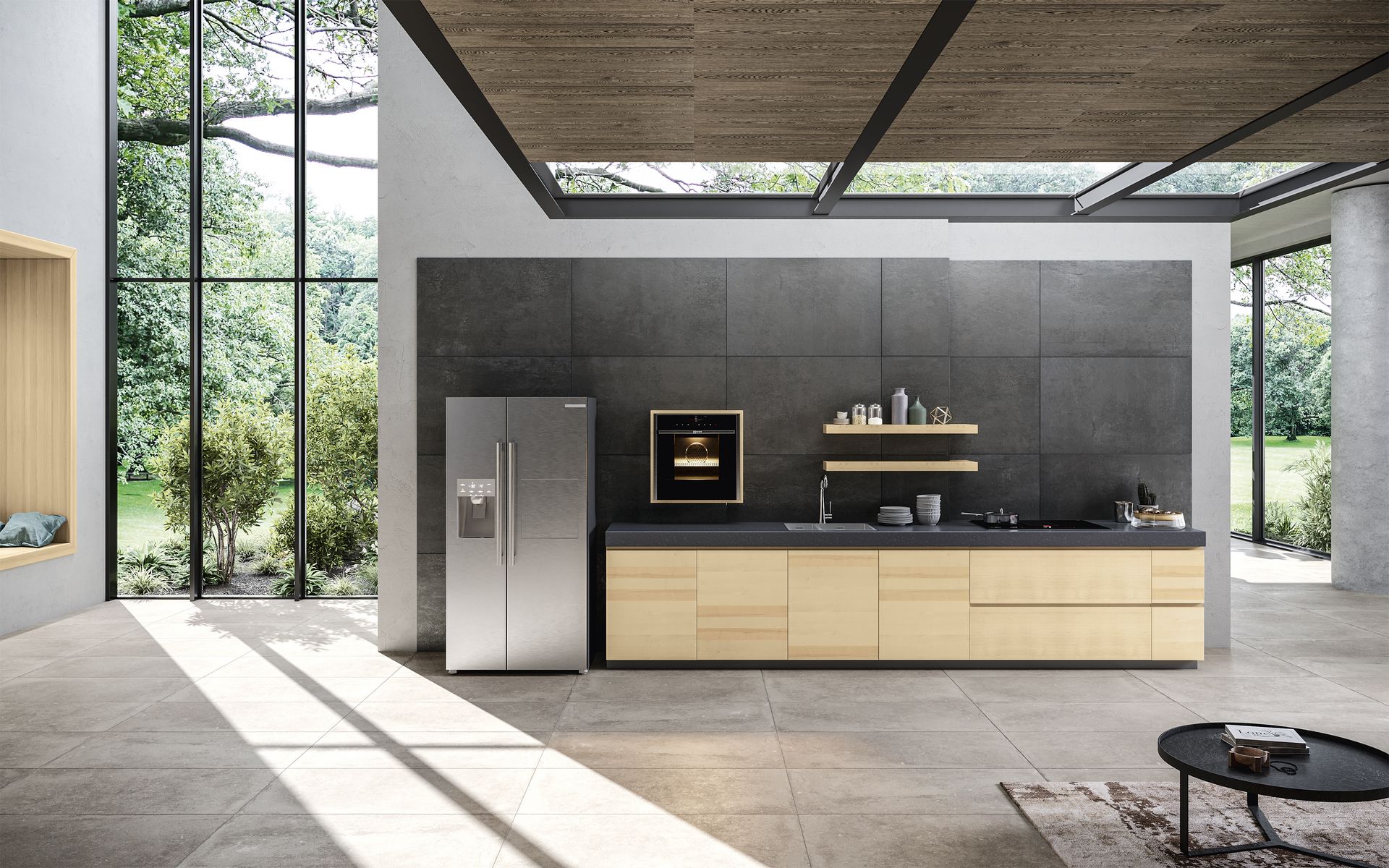 Helle, moderne Holzküche in Ahorn als eine Zeile mit Regal