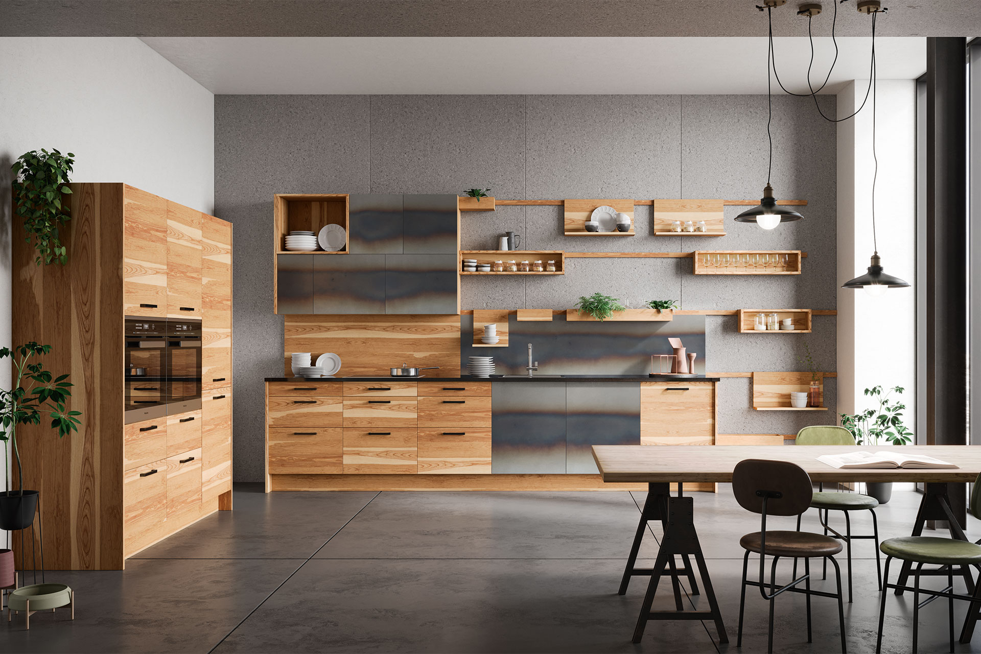 Eine helle Holzküche mit Metallelementen und kleinen Regalen