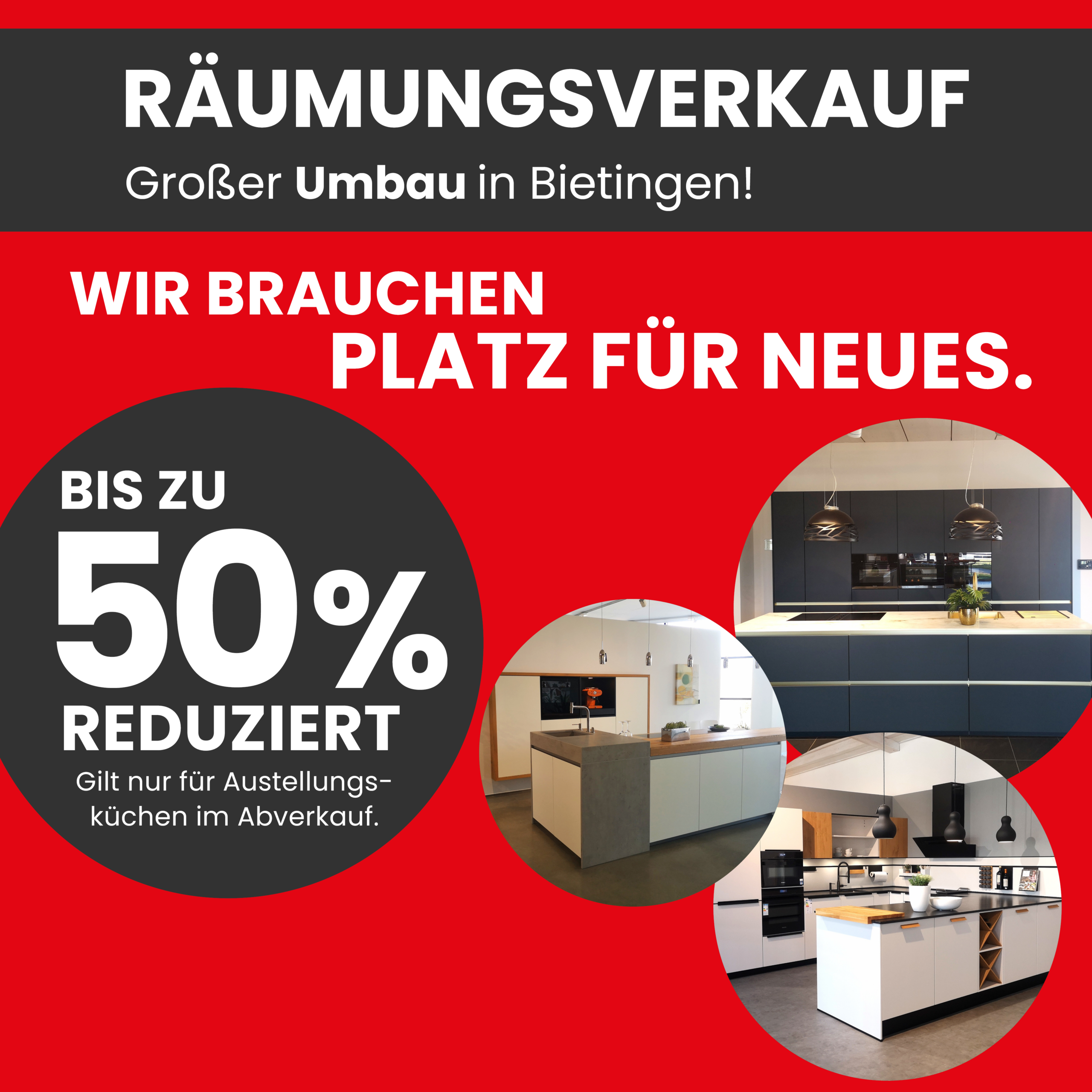 Aufgrund Räumungsverkauf bis zu 50% Rabatt auf Ausstellungsküchen