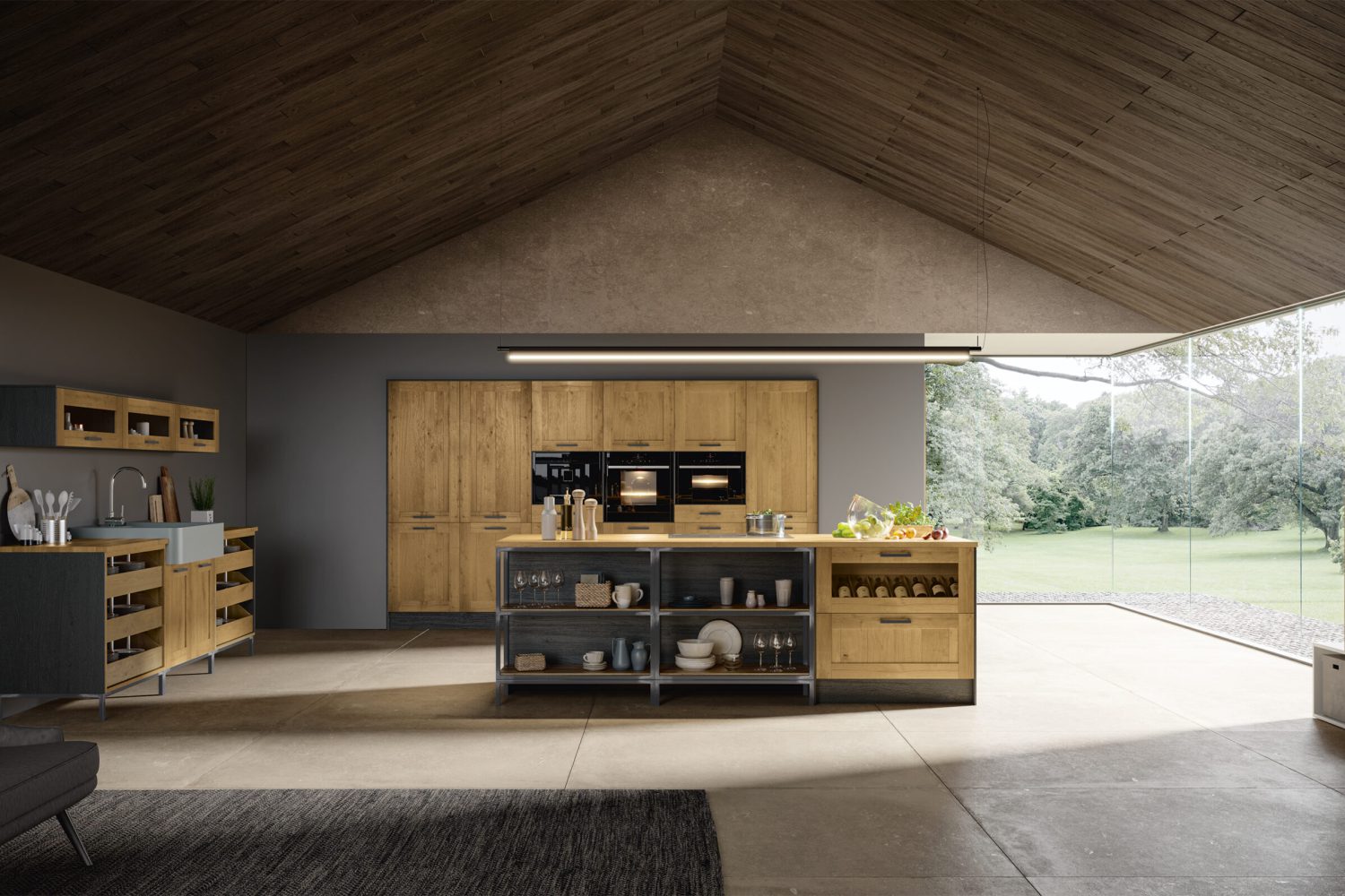 Holzküche mit offenen Regalen und Spülstein im Industry Style