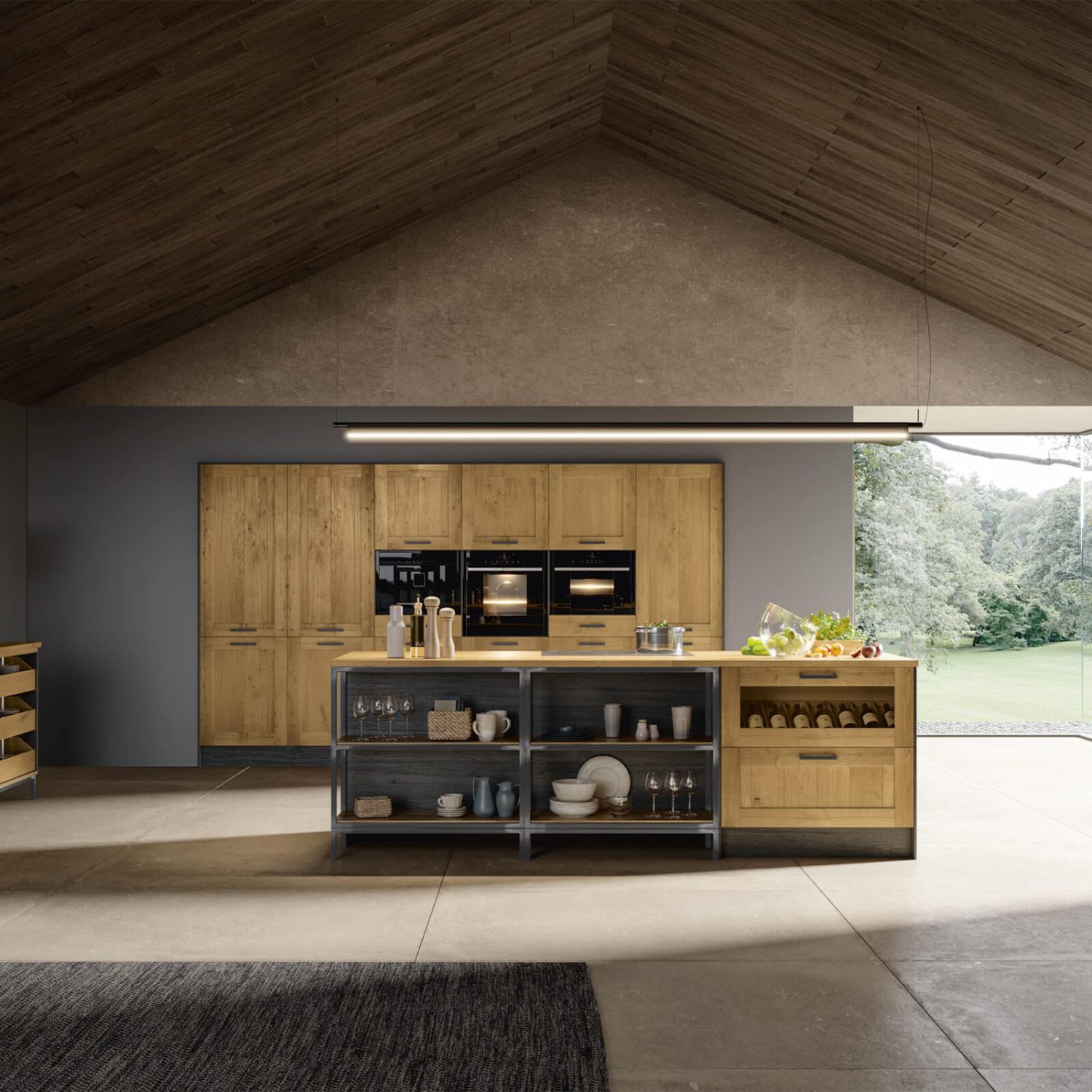 Holzküche mit offenen Regalen und Spülstein im Industry Style