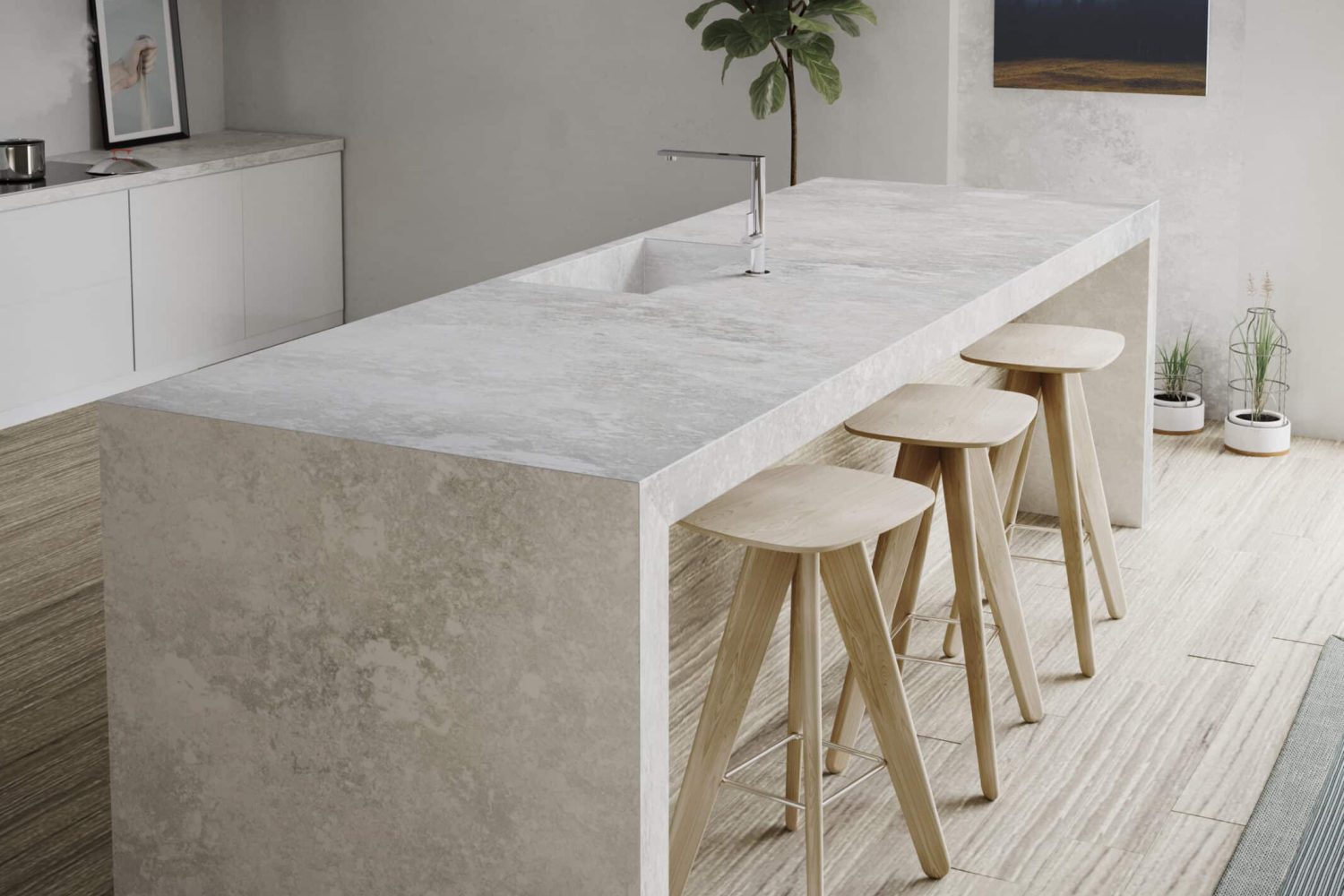 Schlichte, moderne Kochinsel in Beton-Optik mit Barhockern aus Holz