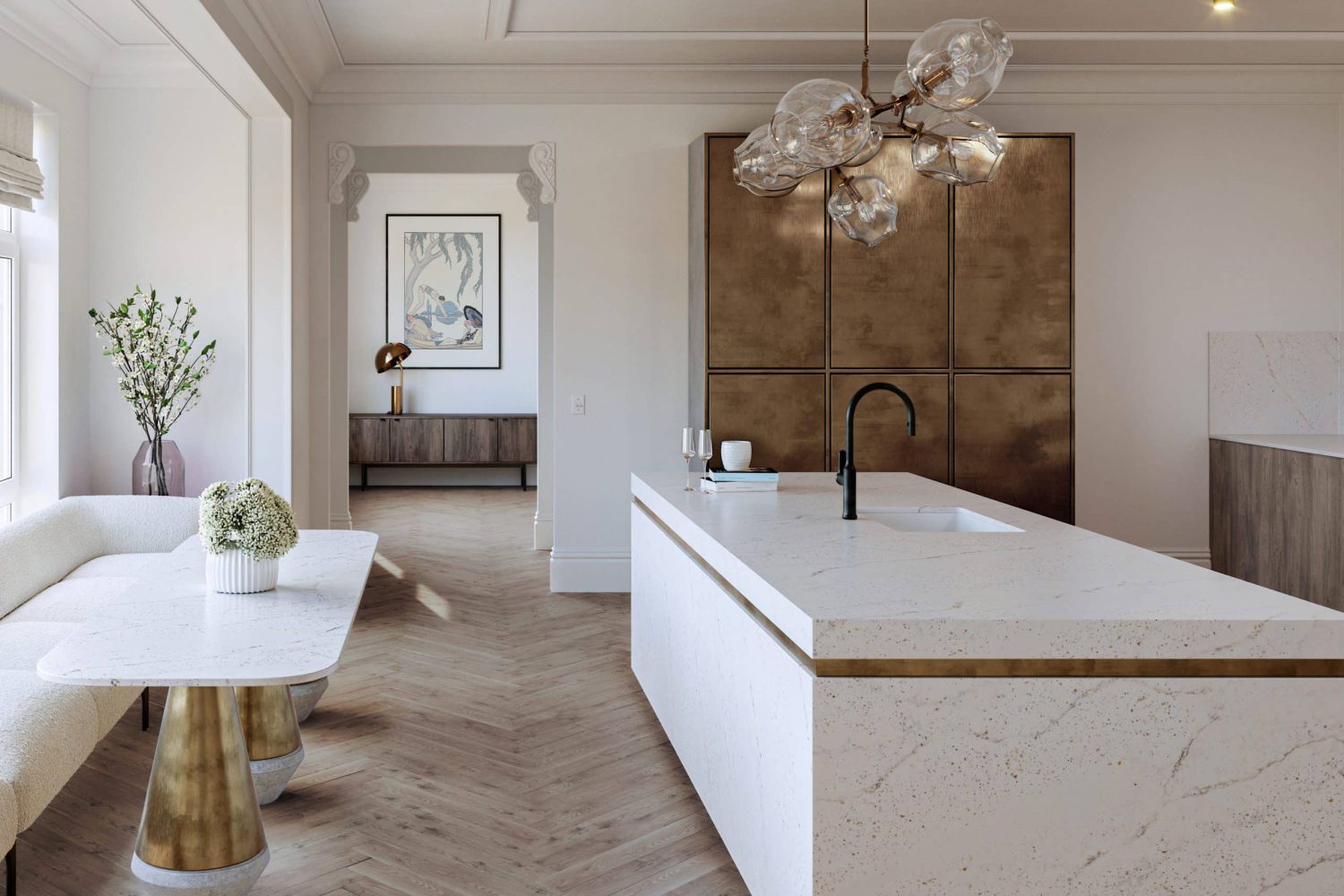 Cosentino Silestone Küche in weiß mit goldenen Elementen