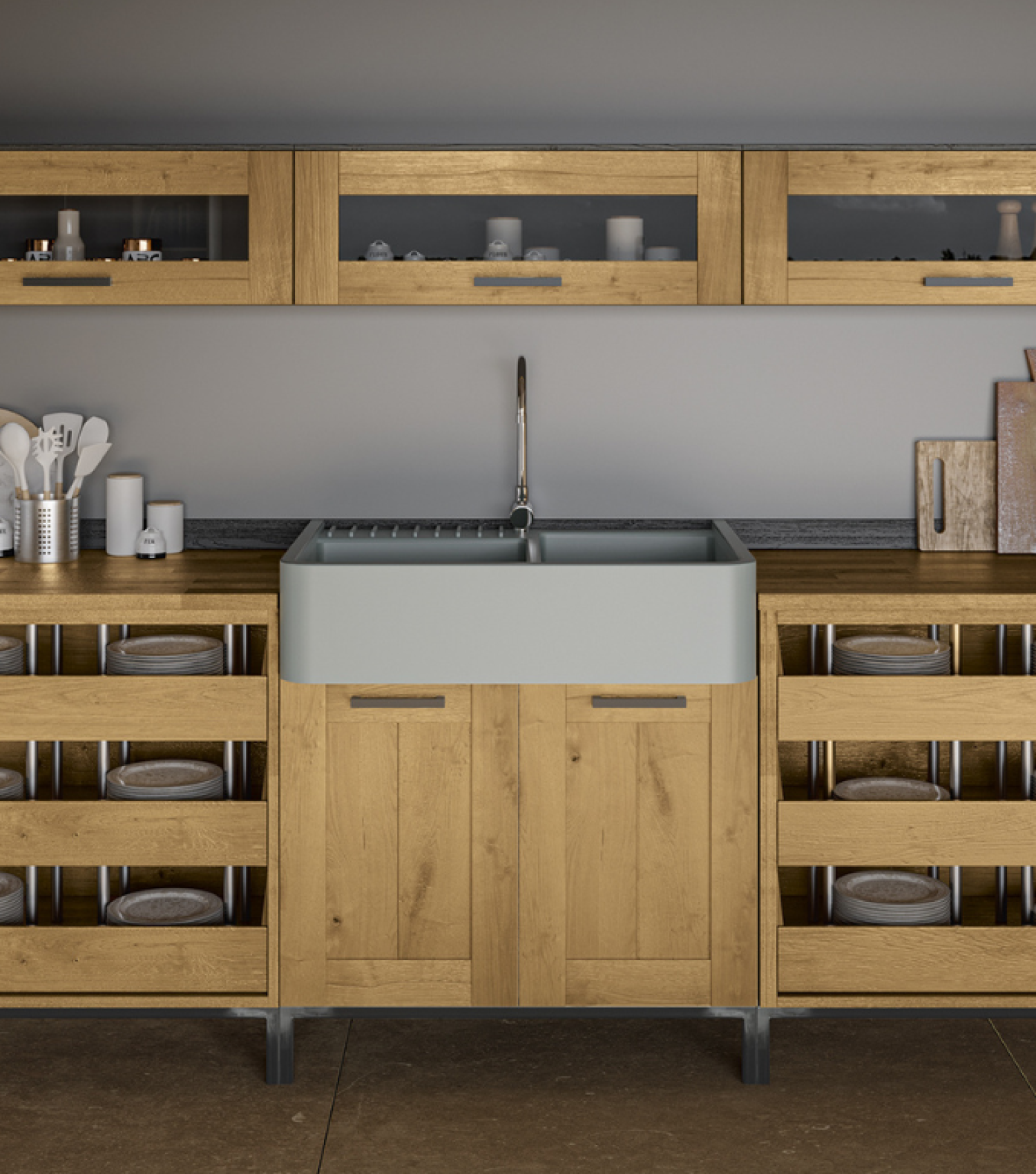 Moderne, rustikale Holzküche mit Spülstein über Küchenunterschrank
