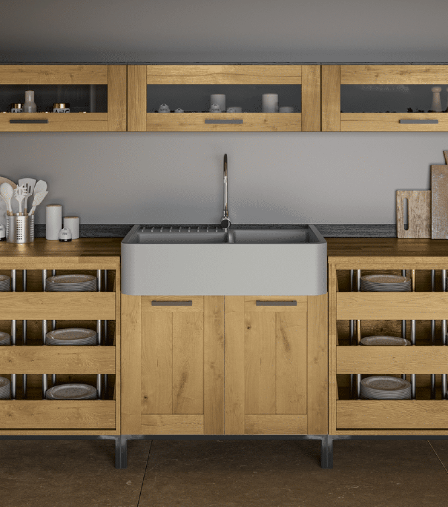 Moderne, rustikale Holzküche mit Spülstein über Küchenunterschrank