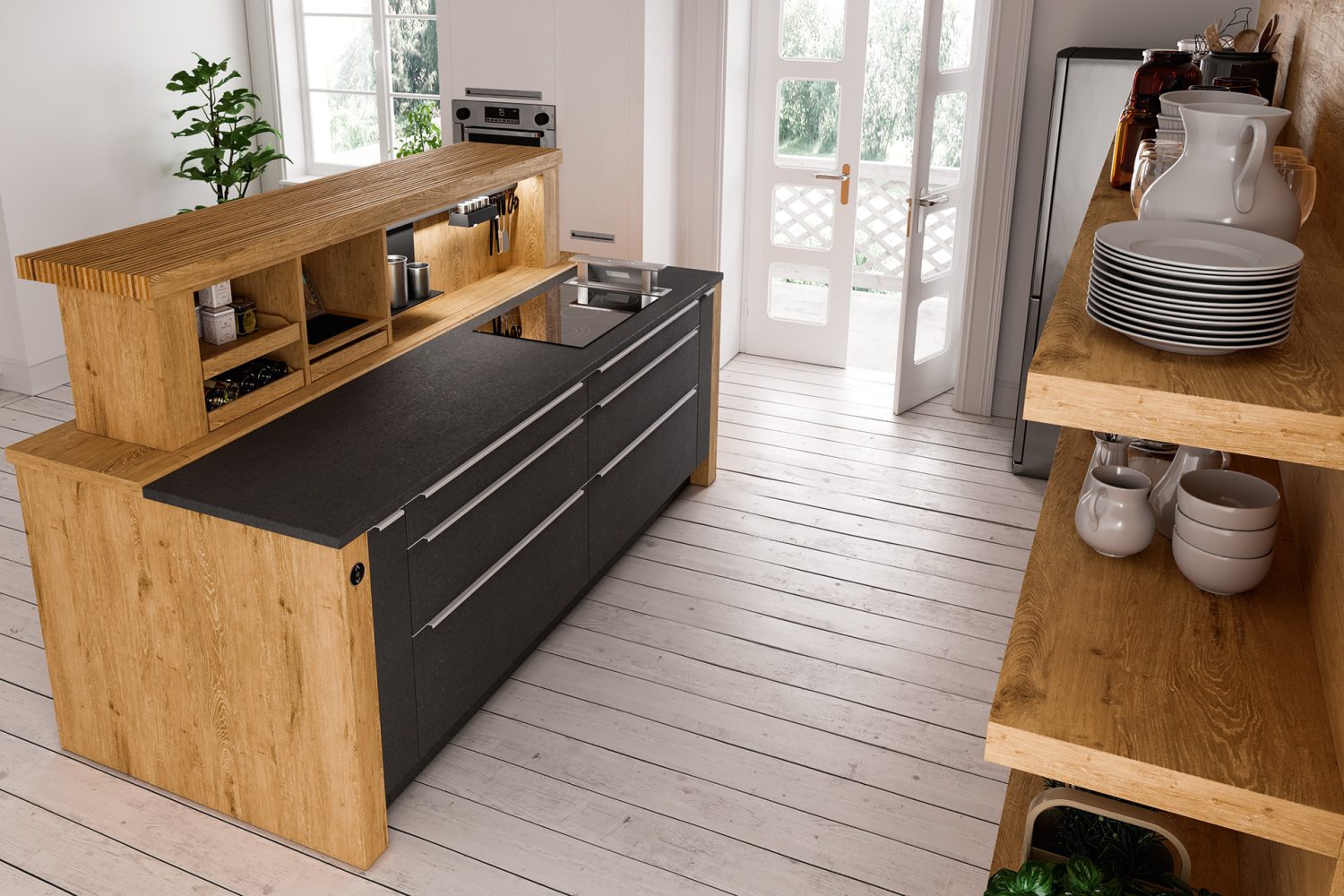 Kochinsel aus Massivholz von Oster mit Hub-Bartop